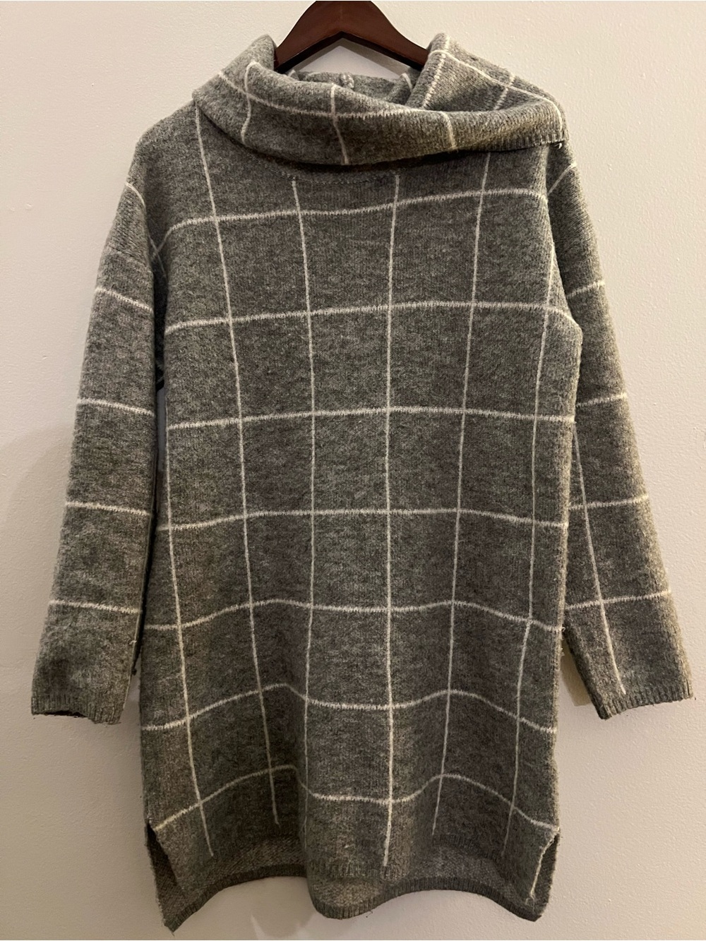 Lumiere Cozy Gray Windowpane Cowl-Neck Sweater Dress